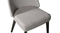 Gray upholstered chair with dark wooden legs on a white background