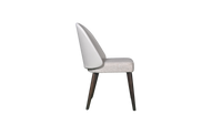 Gray upholstered chair with dark wooden legs on a white background