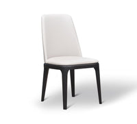 A modern white dining chair with a wooden frame and a full backrest.