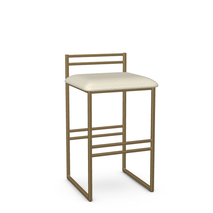 A modern counter stool with a beige upholstered seat and a metallic gold frame.