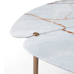 Marble coffee table with gold accents on a white background