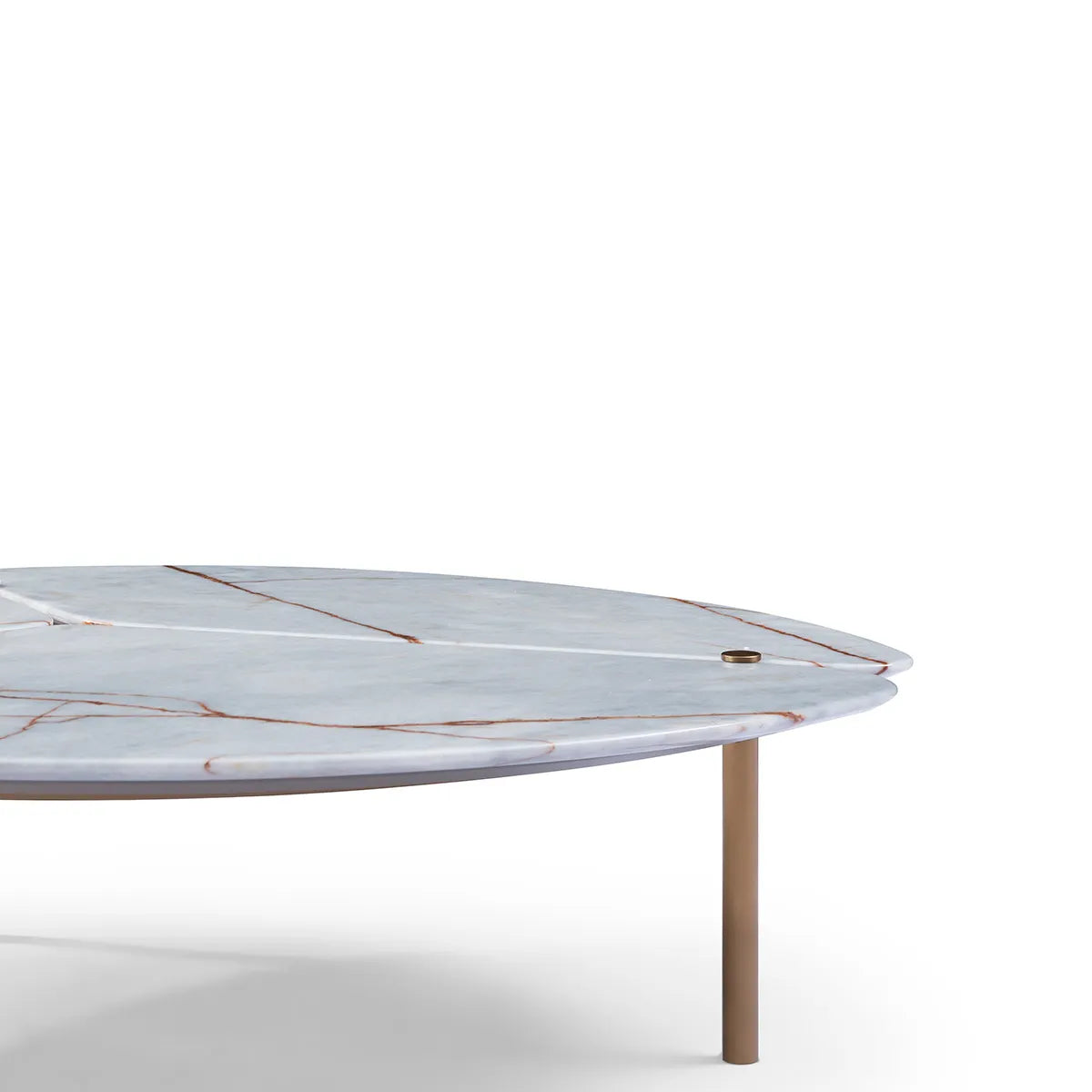 Round marble coffee table with a white and brown pattern on a white background