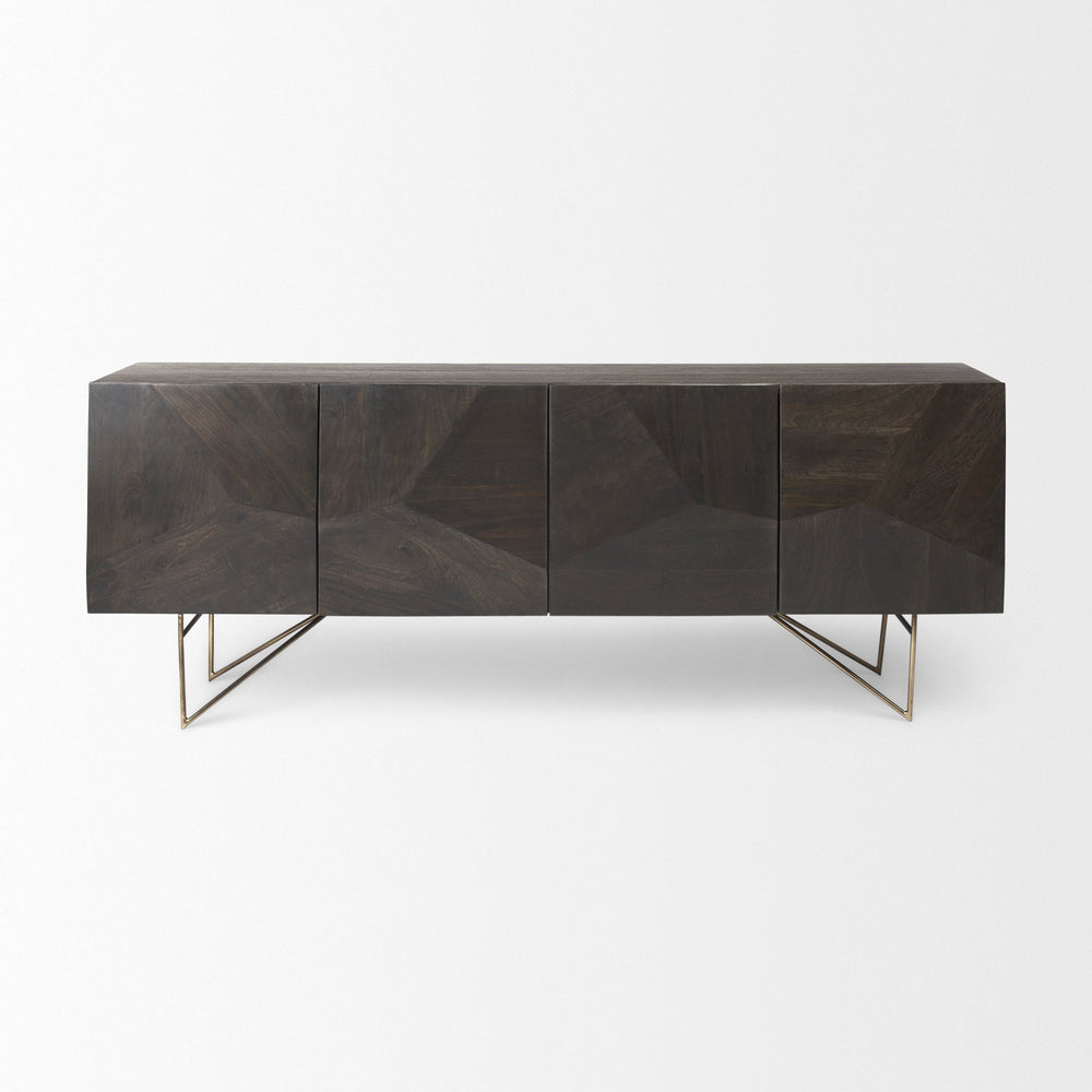 Modern dark wood sideboard with geometric design on a white background