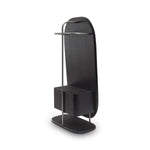 Black stand with a tablet holder and magazine rack on a white background