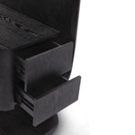 Black wooden cabinet with open drawer on a white background