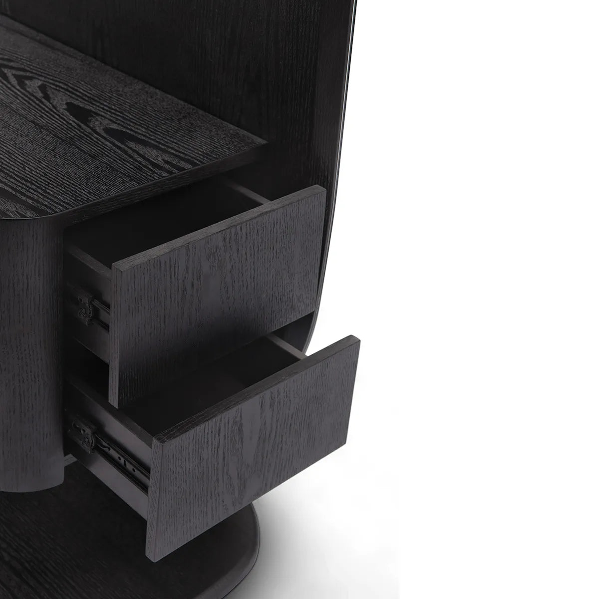 Black wooden cabinet with open drawer on a white background
