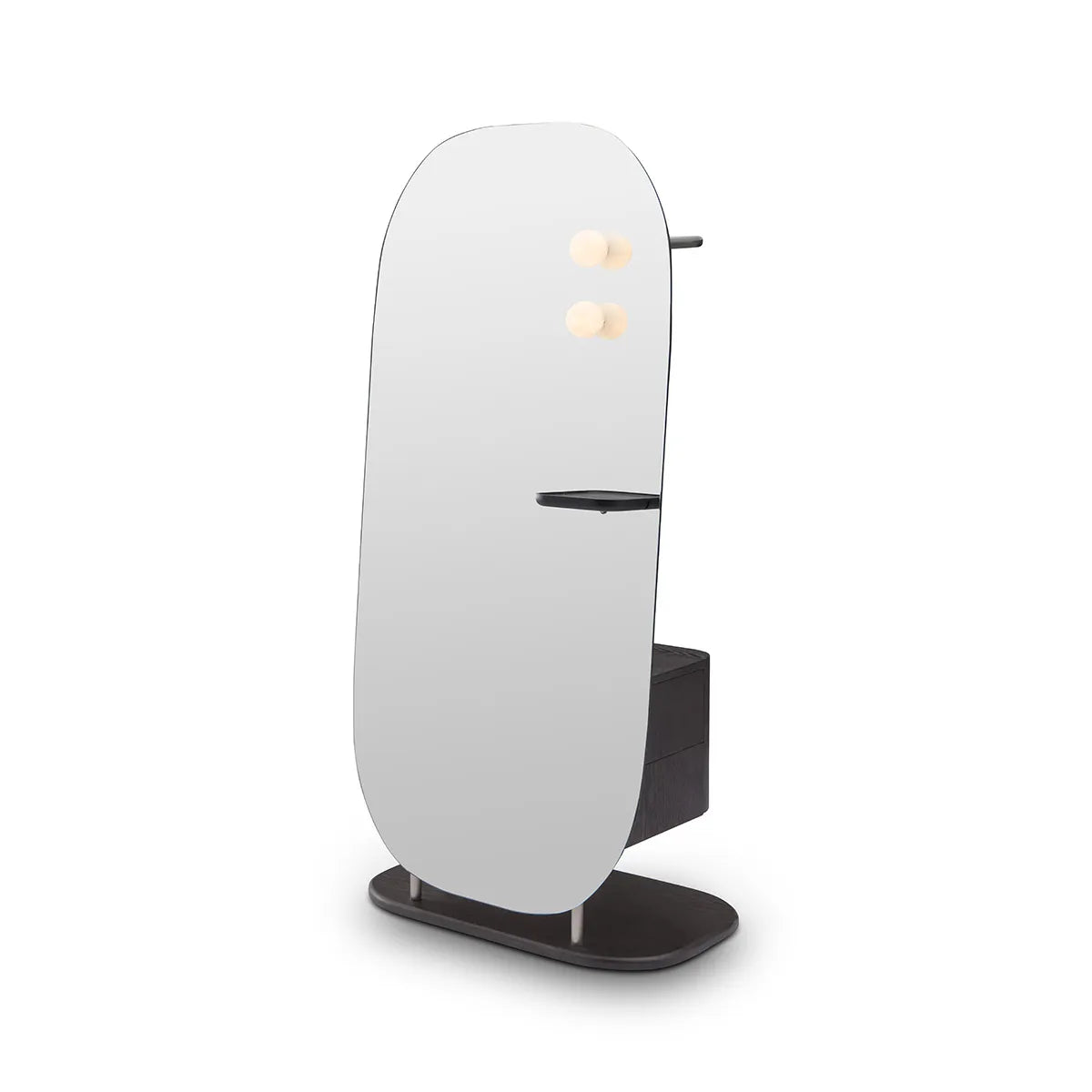 Modern floor lamp with a white shade and black base on a white background