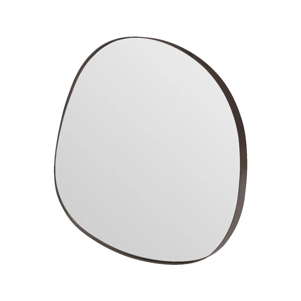 Round mirror with a black frame on a white background