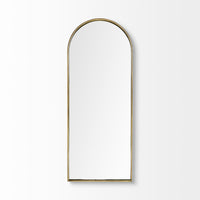 An oval-shaped full-length mirror with a gold antiqued metal frame.
