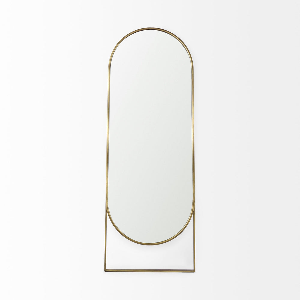 An oval-shaped full-length mirror with an antique-gold finish and a decorative bezel.