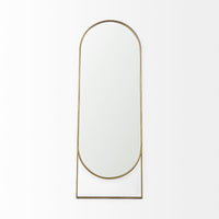 An oval-shaped full-length mirror with an antique-gold finish and a decorative bezel.
