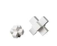 Two marble cubic decorative objects, one large and one small, with a white geometric pattern