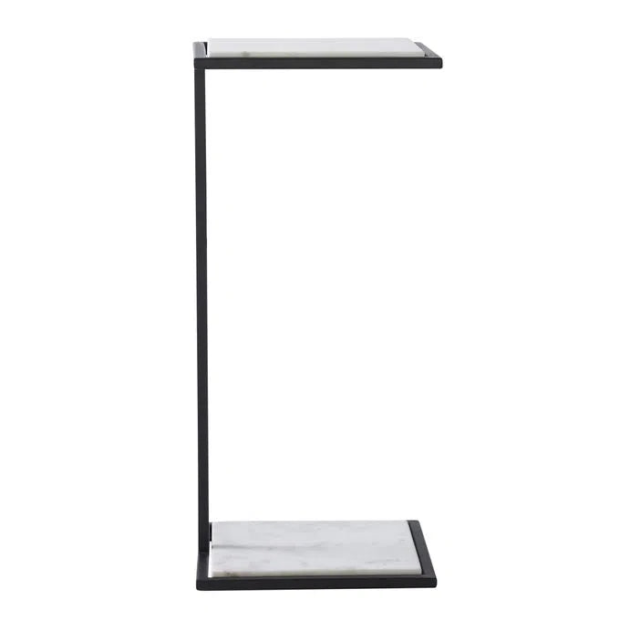 A rectangular marble end table with a black frame and a natural marble pattern, positioned against a white background.
