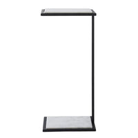 A rectangular marble end table with a black frame and a natural marble pattern, positioned against a white background.