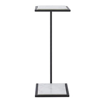 A rectangular marble end table with a black frame and a natural marble pattern, positioned against a white background.