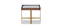 A dark walnut finish nightstand with a rectangular marble top and brass-colored metal legs.