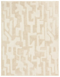 Beige area rug with geometric pattern on a white background