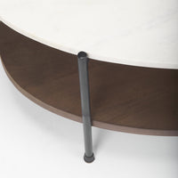 Oval-shaped coffee table with a natural marble top in white, a solid mango wood shelf in brown, and a black iron frame.