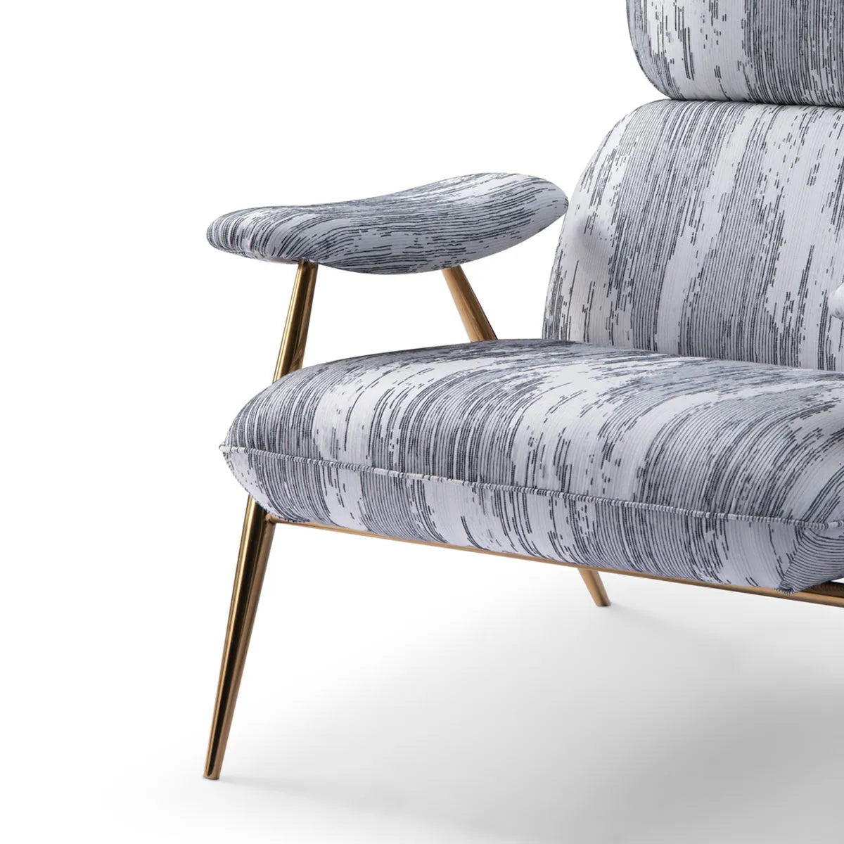 Gray patterned armchair with gold legs on a white background