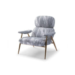 Gray patterned armchair with wooden legs on a white background