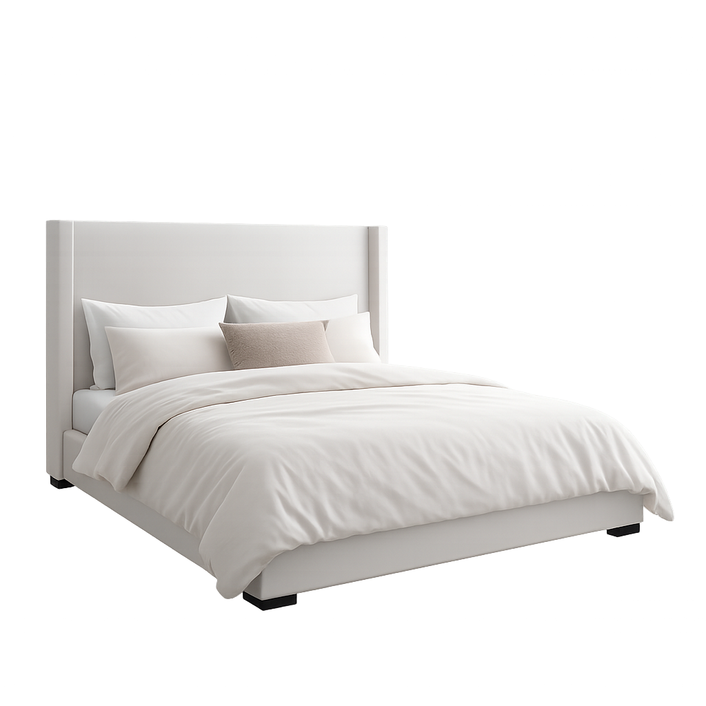 White bed with bedding and pillows on a white background