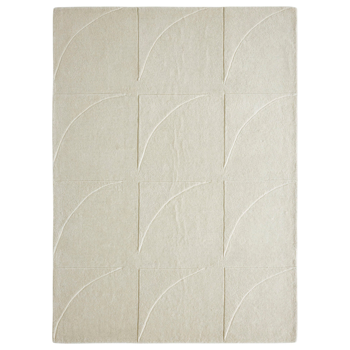 An ivory-colored wool area rug with a geometric patterned design, hand tufted with a cotton backing.