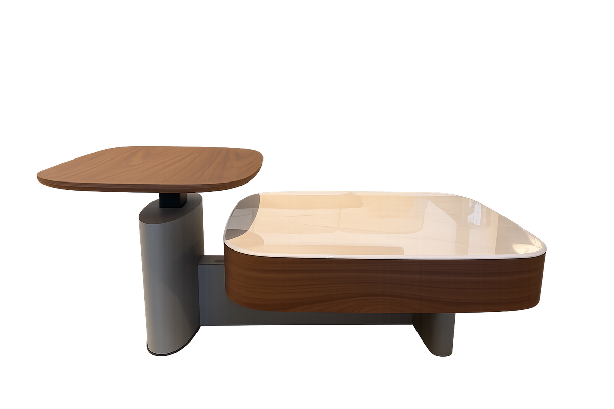 Modern coffee table with wooden finish on a white background