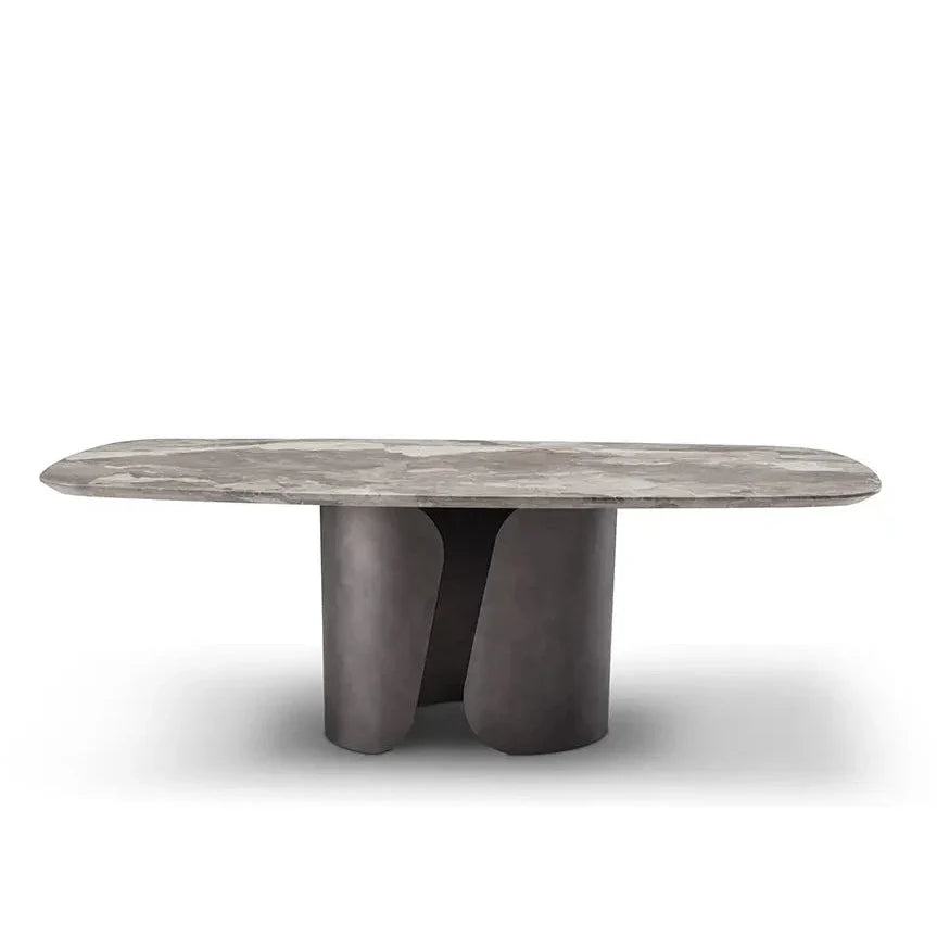 Modern coffee table with a gray stone top and dark base on a white background