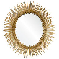 A round decorative mirror with a gold leaf finish frame designed to resemble a sunburst.