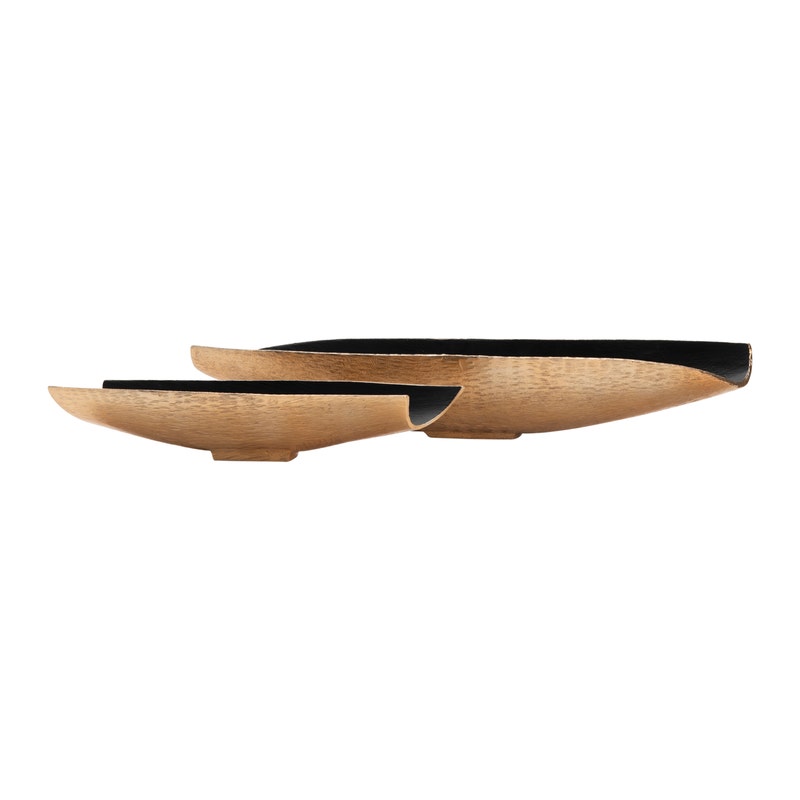 Two decorative bowls with a wood finish, one displayed in front of the other, against a white background.