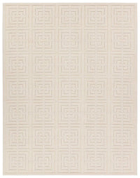 A beige area rug with a geometric pattern