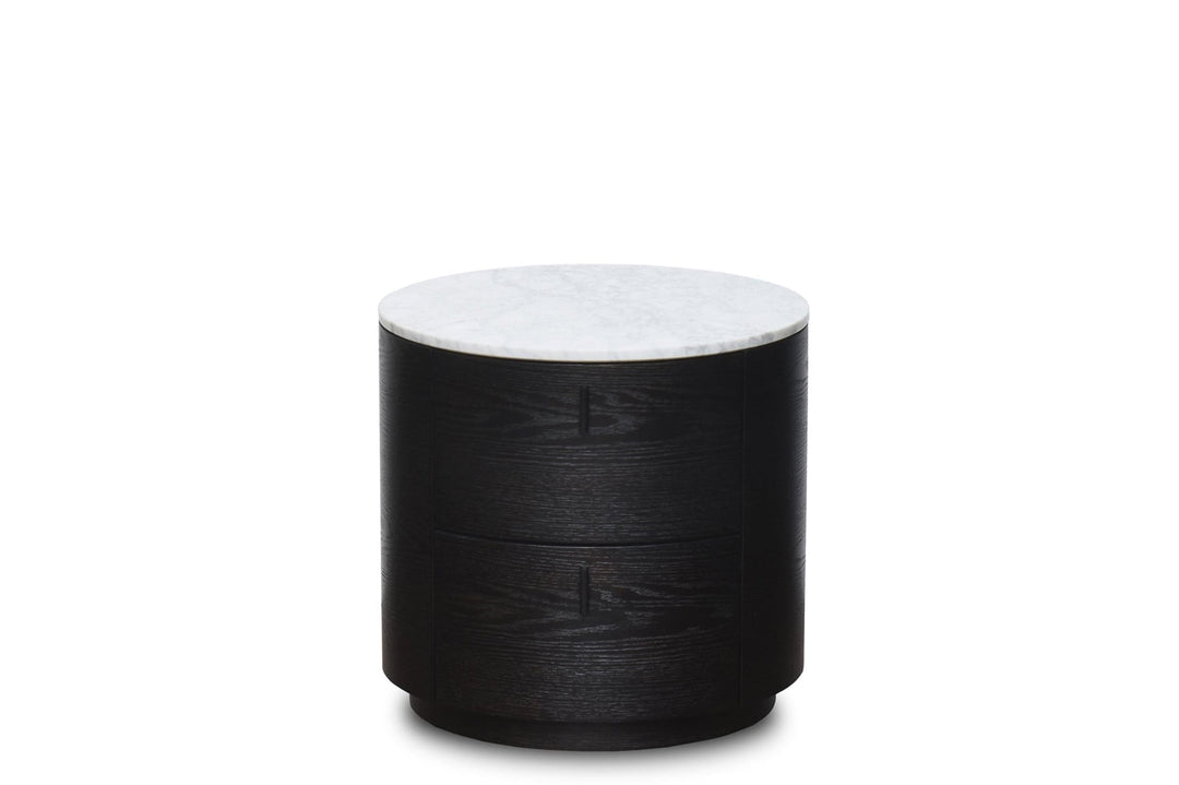 A round end table/night stand with a dark espresso oak base and a white marble top.