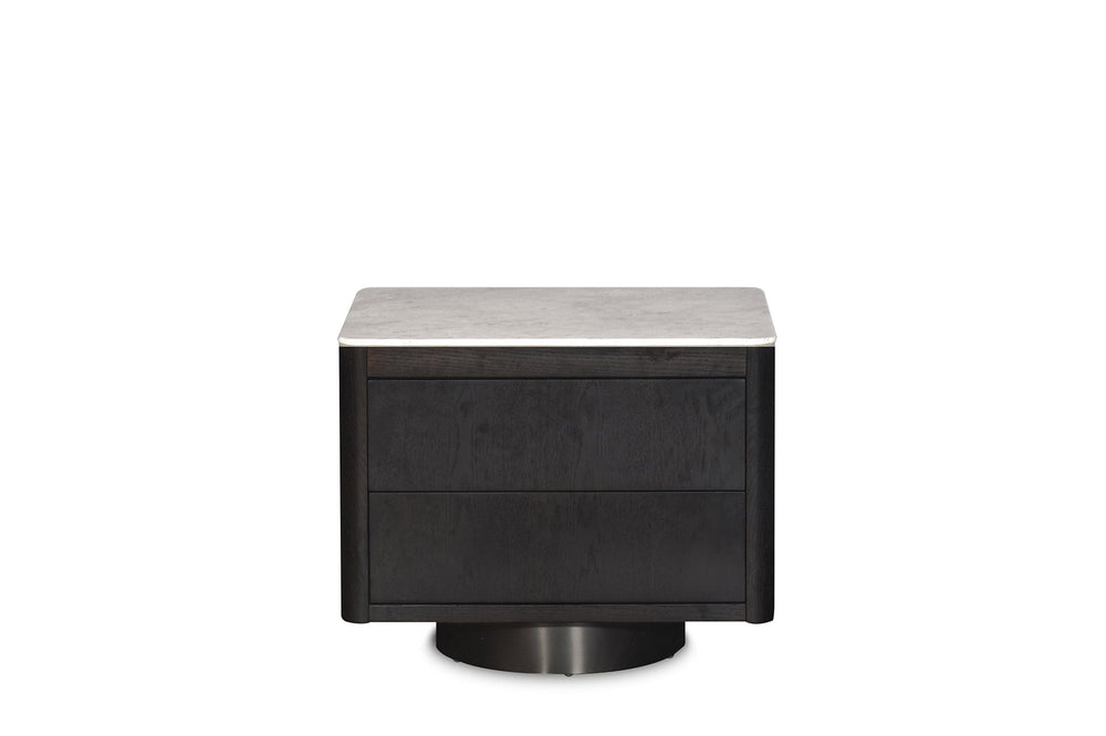 Black nightstand with marble top on a white background