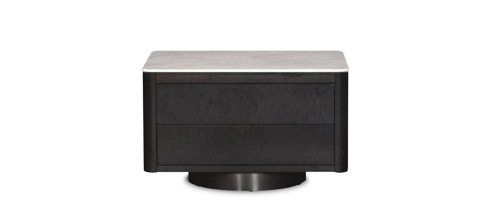 A dark espresso oak end table with a rectangular top, featuring a gray marble top and black base.