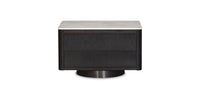 A dark espresso oak end table with a rectangular top, featuring a gray marble top and black base.