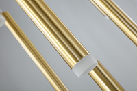 An LED chandelier with gold-colored metal parts and clear glass shades, designed for adjustable height.