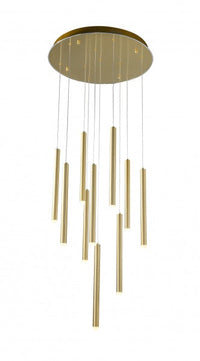 An LED chandelier with gold-colored metal parts and clear glass shades, designed for adjustable height.