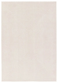Beige area rug with a geometric pattern on a white background