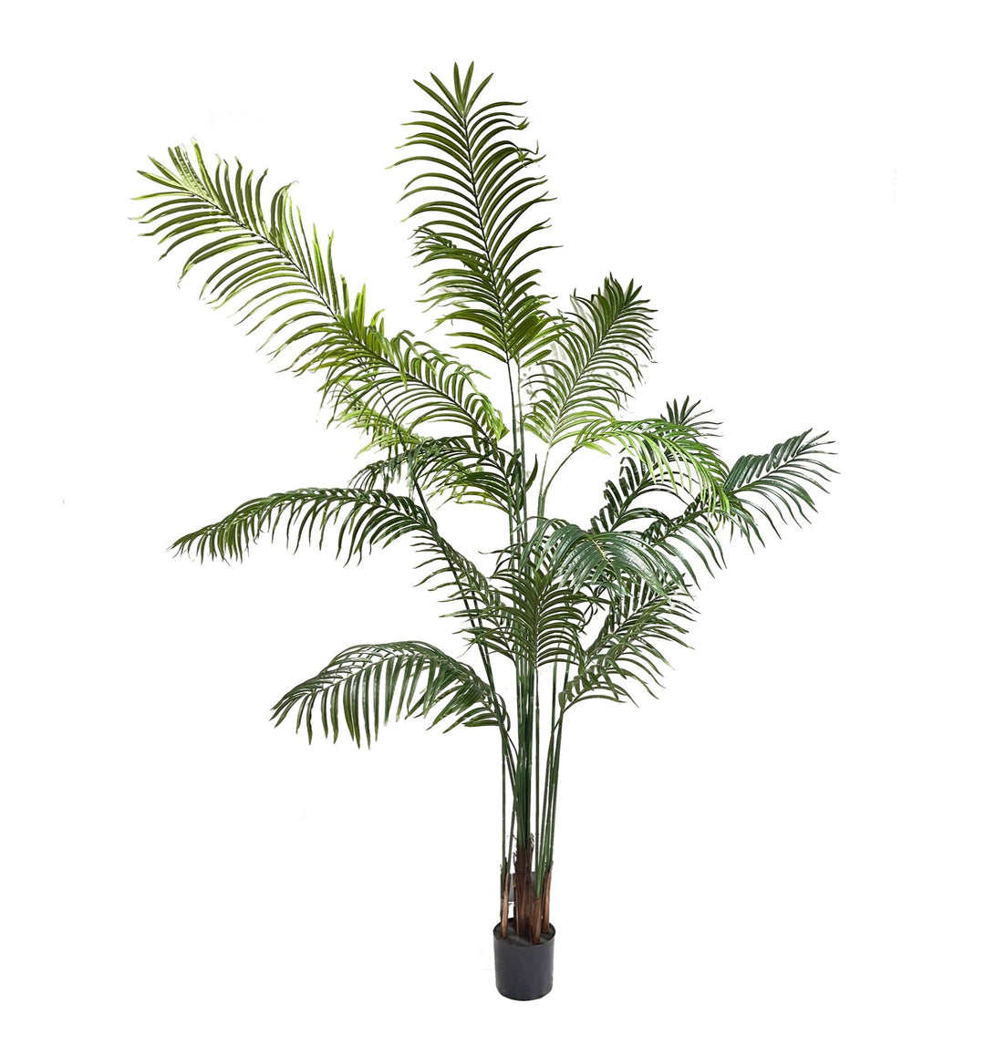 Artificial Areca palm plant in a pot on a white background