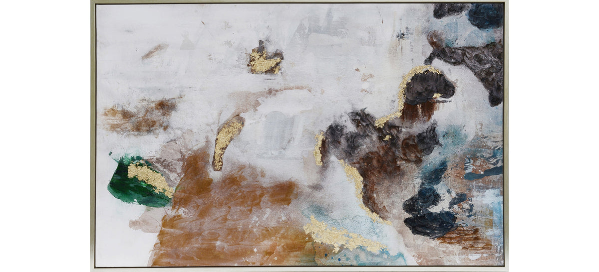 This image features an abstract wall art/painting that boasts a prehistoric aesthetic. The artwork, rendered in oils on high-quality canvas, displays a blend of earthy and dark tones with unexpected splashes of bright green and vivid yellow.
