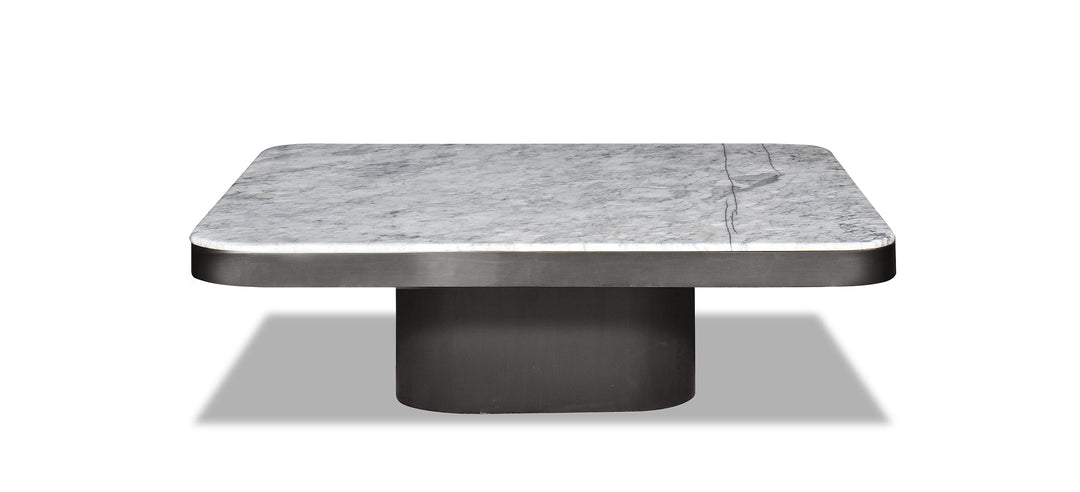 A large rectangular Randy coffee table with an Italian white marble top and a metal frame, displayed against a neutral background.