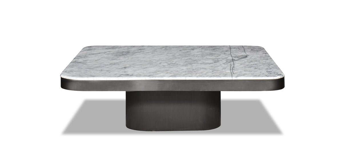 A large rectangular Randy coffee table with an Italian white marble top and a metal frame, displayed against a neutral background.