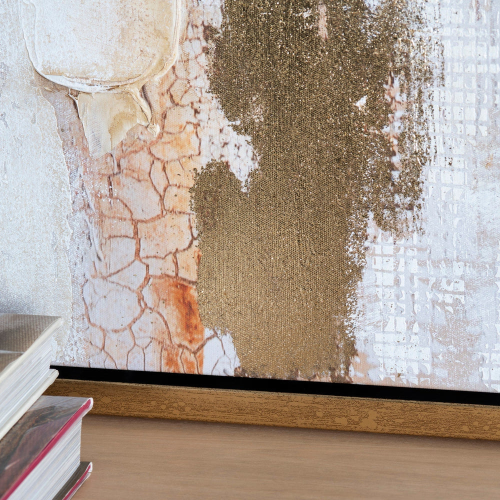 Hand painted abstract wall art/painting with gold accents, framed and displayed against a white background.