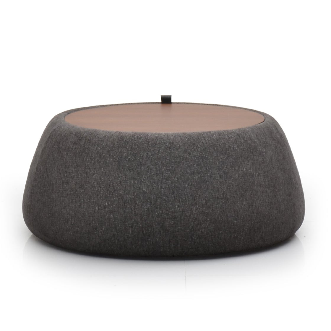 A gray fabric ottoman with a round top and a cylindrical body, placed against a white background.