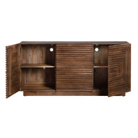 Wooden sideboard with open doors on a white background