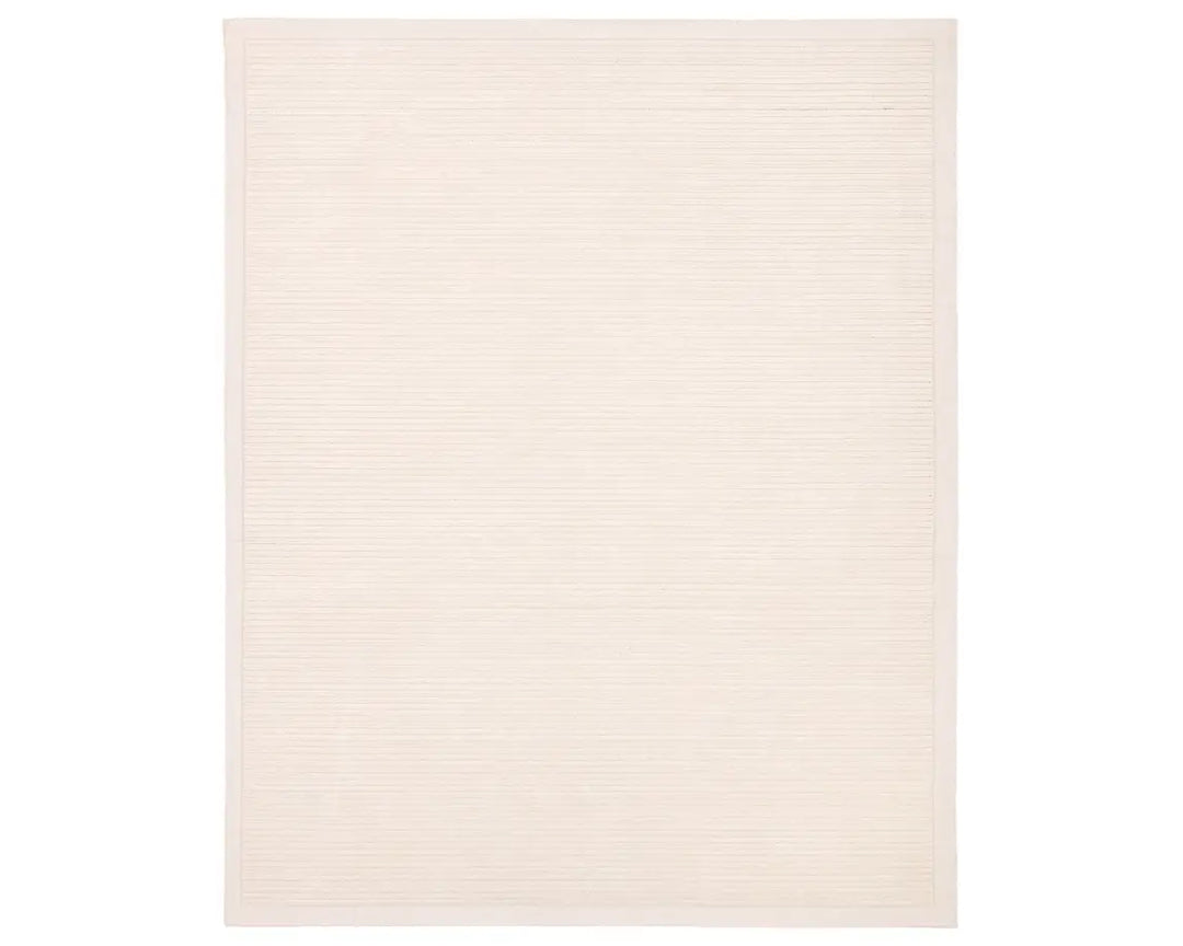 A beige, solid-colored area rug with a visible texture.