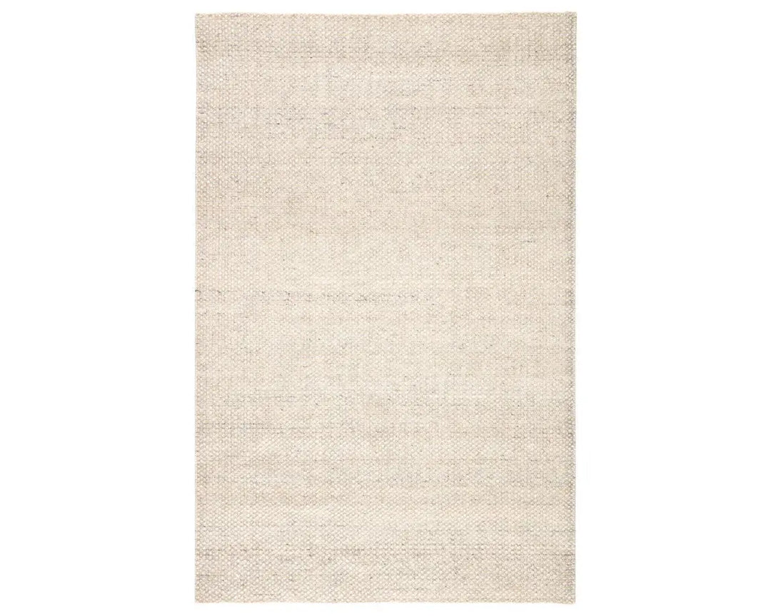 A rectangular area rug in ivory and gray colors, handwoven from 100% polyester yarn.