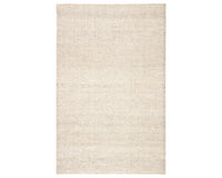A rectangular area rug in ivory and gray colors, handwoven from 100% polyester yarn.