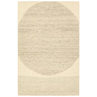 Beige area rug with a circular design on a white background
