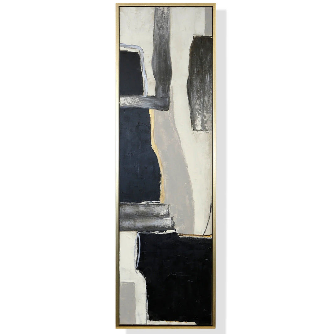 Abstract art piece with black, gray, and white colors on a white background